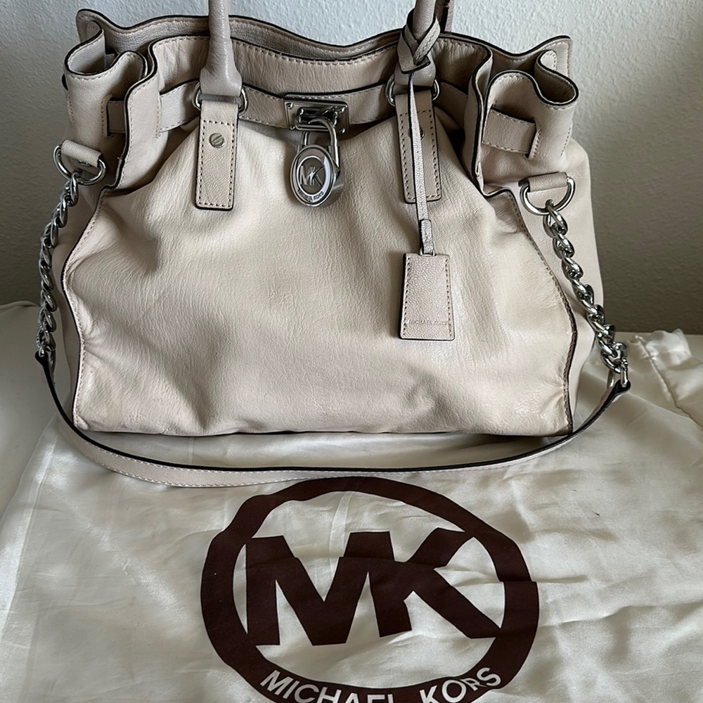 MK Monogram Lock White Leather Satchel